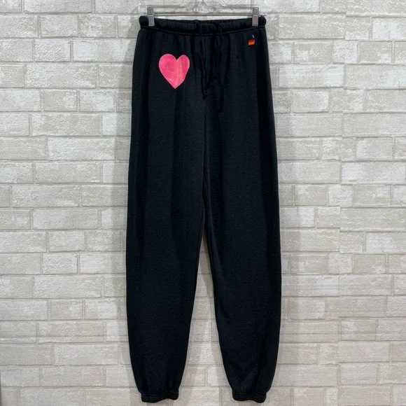 AVIATOR NATION Glitter Heart Sweatpants - Charcoal / Neon Pink - Sz - Medium - Picture 1 of 9